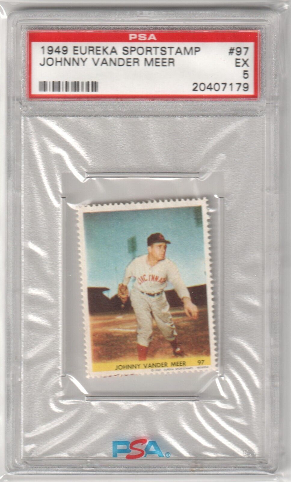 JOHNNY VANDER MEER 1949 Eureka Sportstamp #97 PSA 5 EX - REDS - Columbia Hobby - Sports Card Boxes - Toploaders - Card Savers