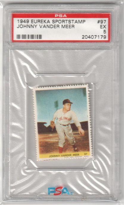 JOHNNY VANDER MEER 1949 Eureka Sportstamp #97 PSA 5 EX - REDS - Columbia Hobby - Sports Card Boxes - Toploaders - Card Savers