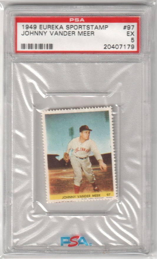 JOHNNY VANDER MEER 1949 Eureka Sportstamp #97 PSA 5 EX - REDS - Columbia Hobby - Sports Card Boxes - Toploaders - Card Savers