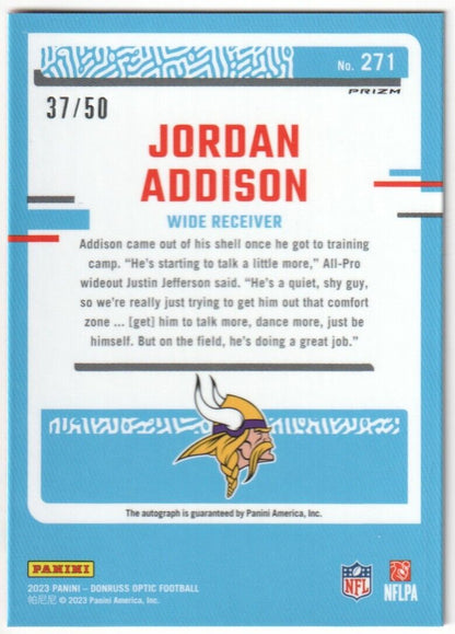 JORDAN ADDISON 2023 Donruss Optic RC Rookie Autograph Auto Pink Velocity #/50 - Columbia Hobby - Sports Card Boxes - Toploaders - Card Savers