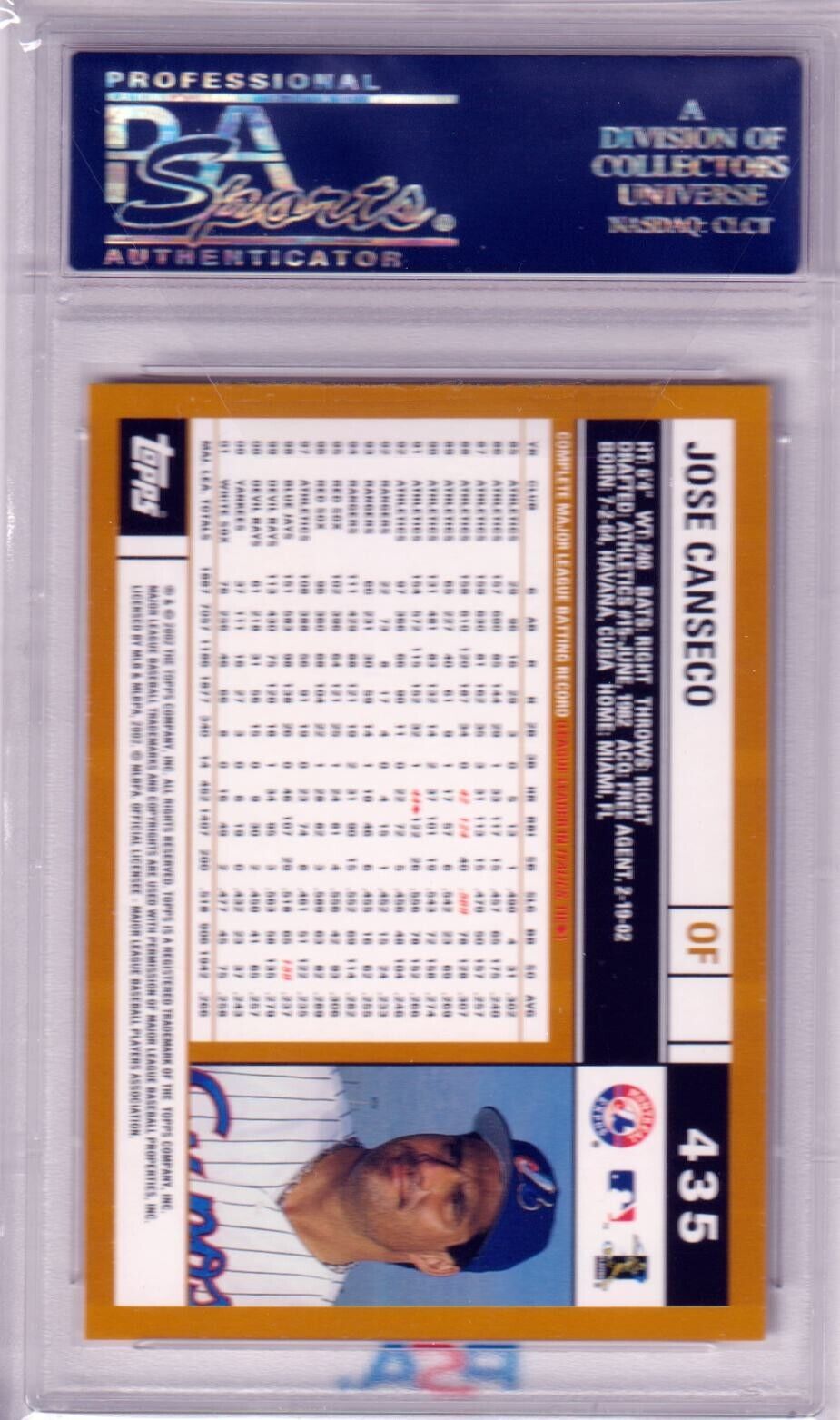 JOSE CANSECO 2002 Topps #435 PSA 10 GEM MINT - RANGERS - Columbia Hobby - Sports Card Boxes - Toploaders - Card Savers