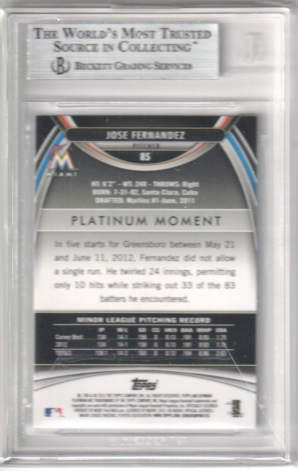 JOSE FERNANDEZ 2013 Bowman Platinum Sapphire RC Rookie 85 Sapphire BGS 9 MINT - Columbia Hobby - Sports Card Boxes - Toploaders - Card Savers