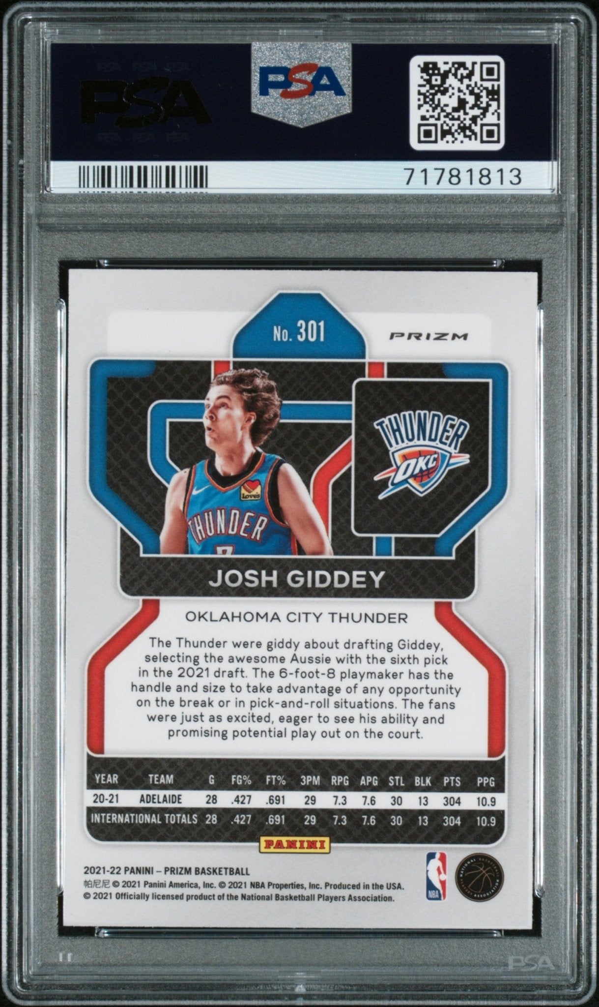 JOSH GIDDEY 2021 - 22 Panini Prizm #301 Red White Blue RC PSA 10 GEM MINT - BULLS - Columbia Hobby - Sports Card Boxes - Toploaders - Card Savers