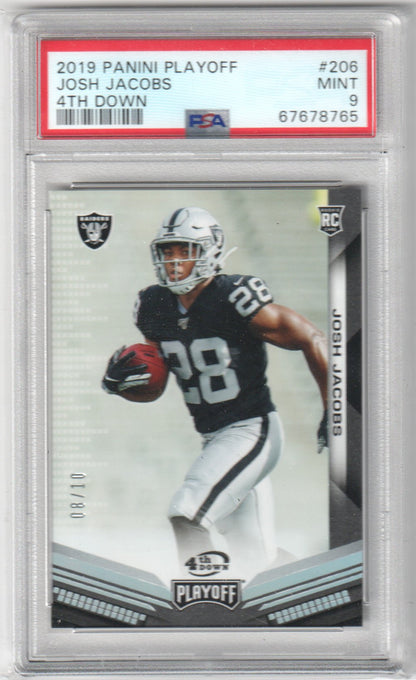 Josh Jacobs 2019 Panini Playoff Rookie RC #/10 4TH Down PSA 9 MINT - Pop 1 - Columbia Hobby - Sports Card Boxes - Toploaders - Card Savers