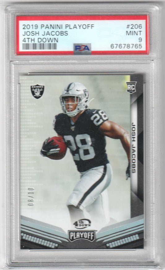 Josh Jacobs 2019 Panini Playoff Rookie RC #/10 4TH Down PSA 9 MINT - Pop 1 - Columbia Hobby - Sports Card Boxes - Toploaders - Card Savers