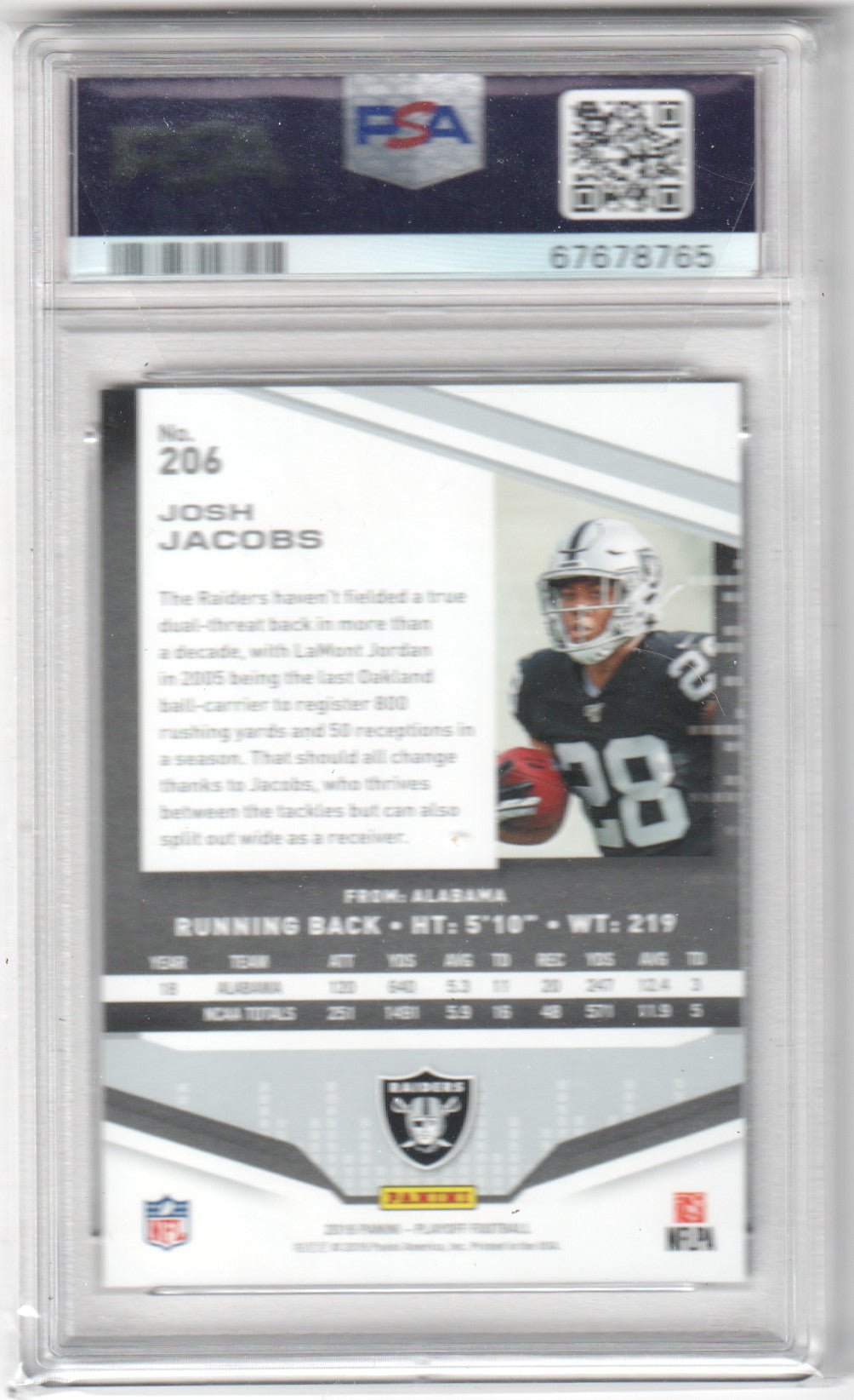 Josh Jacobs 2019 Panini Playoff Rookie RC #/10 4TH Down PSA 9 MINT - Pop 1 - Columbia Hobby - Sports Card Boxes - Toploaders - Card Savers