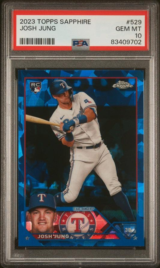 JOSH JUNG 2023 Topps Chrome Sapphire Rooikie RC #529 PSA 10 GEM MINT - RANGERS - Columbia Hobby - Sports Card Boxes - Toploaders - Card Savers
