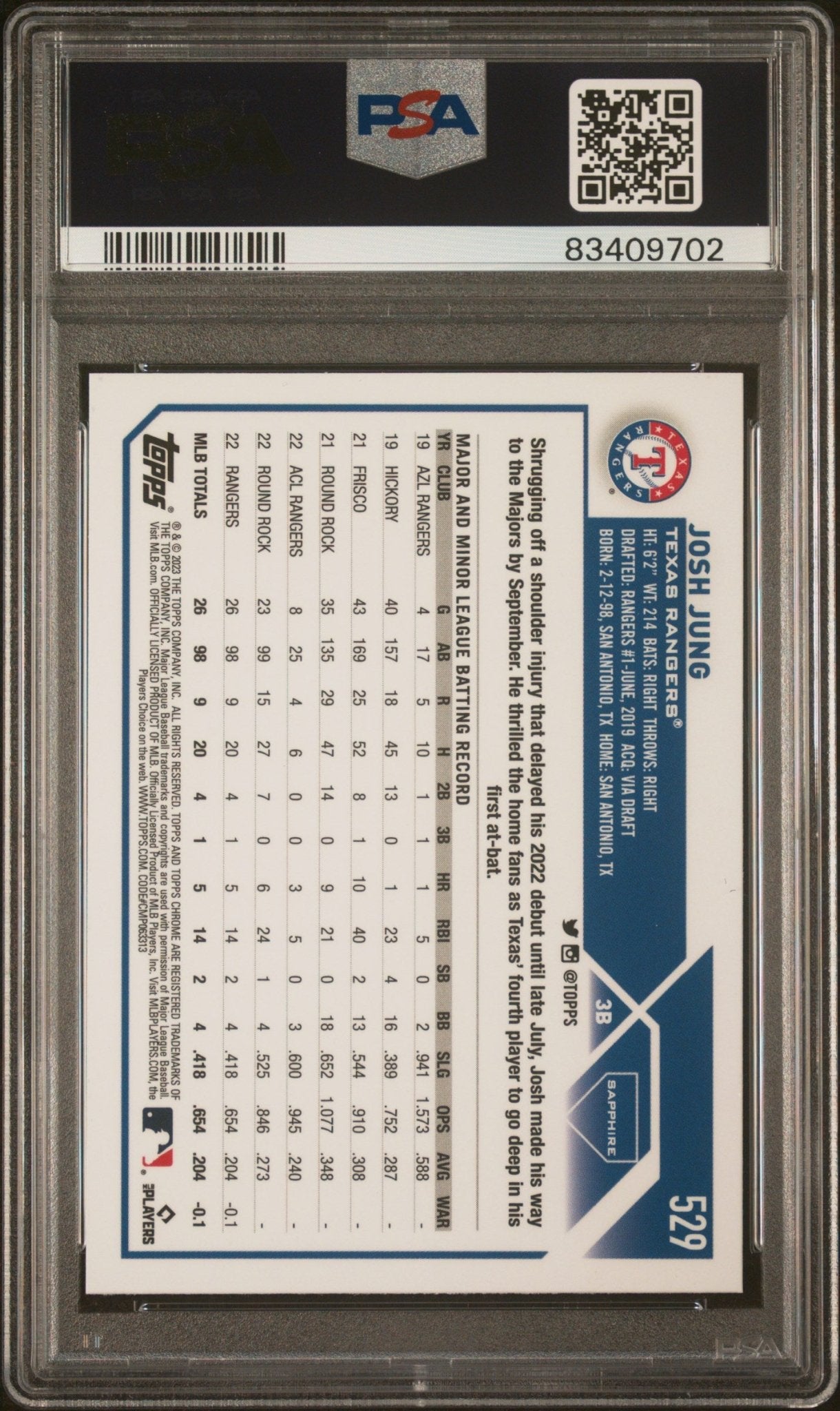 JOSH JUNG 2023 Topps Chrome Sapphire Rooikie RC #529 PSA 10 GEM MINT - RANGERS - Columbia Hobby - Sports Card Boxes - Toploaders - Card Savers