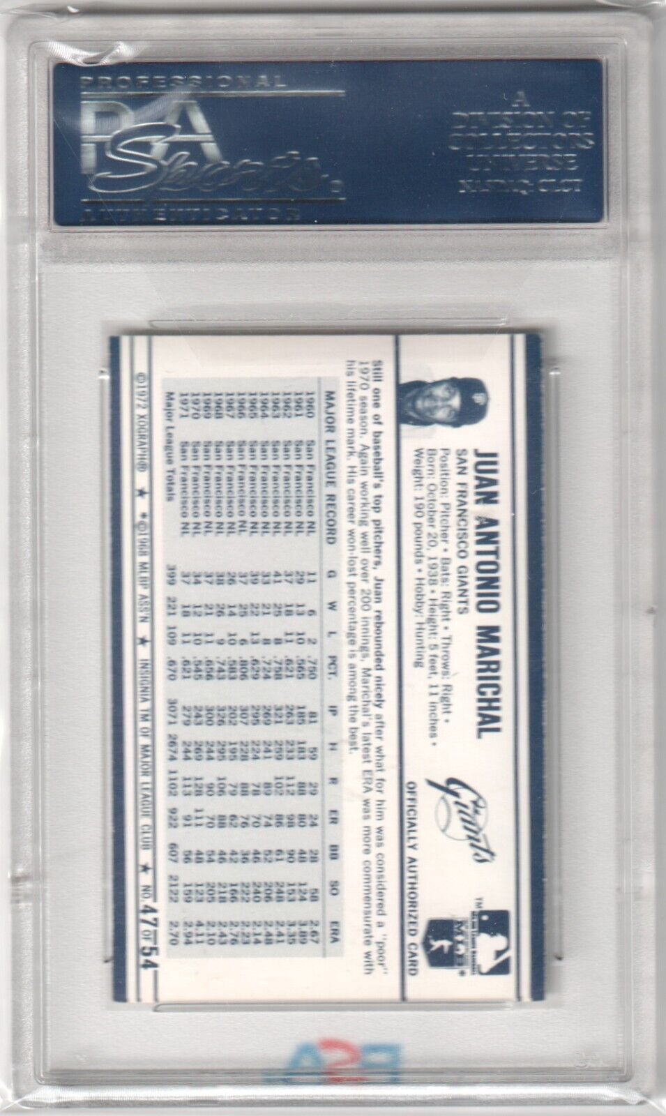 JUAN MARICHAL 1972 Kellogg's #47 PSA 9 MINT - GIANTS - Columbia Hobby - Sports Card Boxes - Toploaders - Card Savers