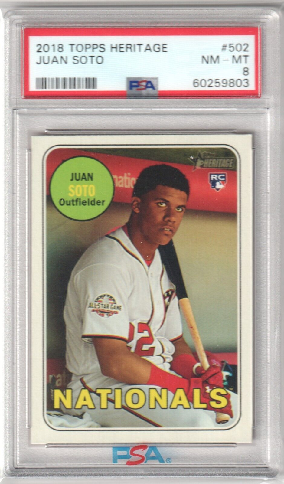 JUAN SOTO 2018 Topps Heritage RC Rookie #502 PSA 8 NM - MT - NATIONALS YANKEES - Columbia Hobby - Sports Card Boxes - Toploaders - Card Savers