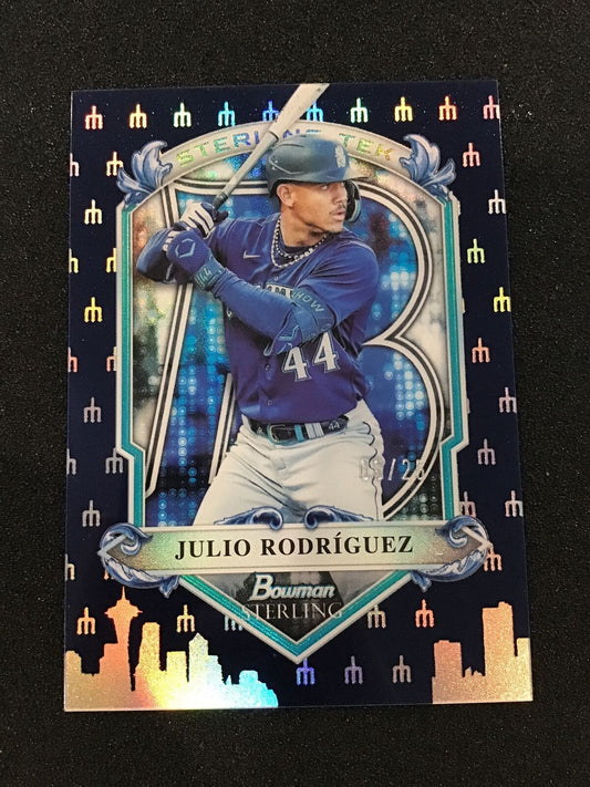 JULIO RODRIGUEZ 2024 Bowman Stirling Blue Stirling Tek /25 ST - 18 SSP Mariners - Columbia Hobby - Sports Card Boxes - Toploaders - Card Savers