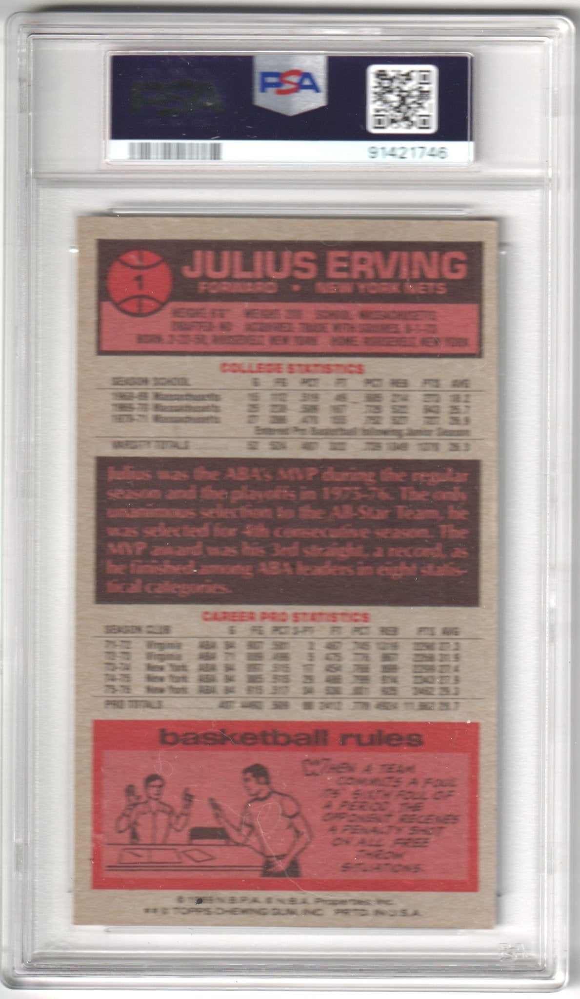 JULIUS ERVING 1976 Topps 1 PSA 5 EX - SIXERS - Columbia Hobby - Sports Card Boxes - Toploaders - Card Savers