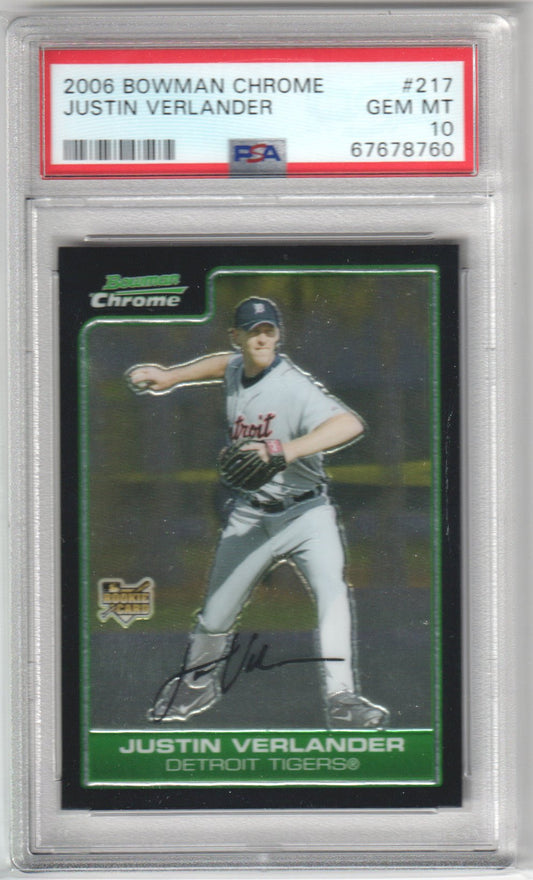 JUSIN VERLANDER 2006 Bowman Chrome RC Rookie 217 PSA 10 GEM TIGER GIANTS Pop 37 - Columbia Hobby - Sports Card Boxes - Toploaders - Card Savers