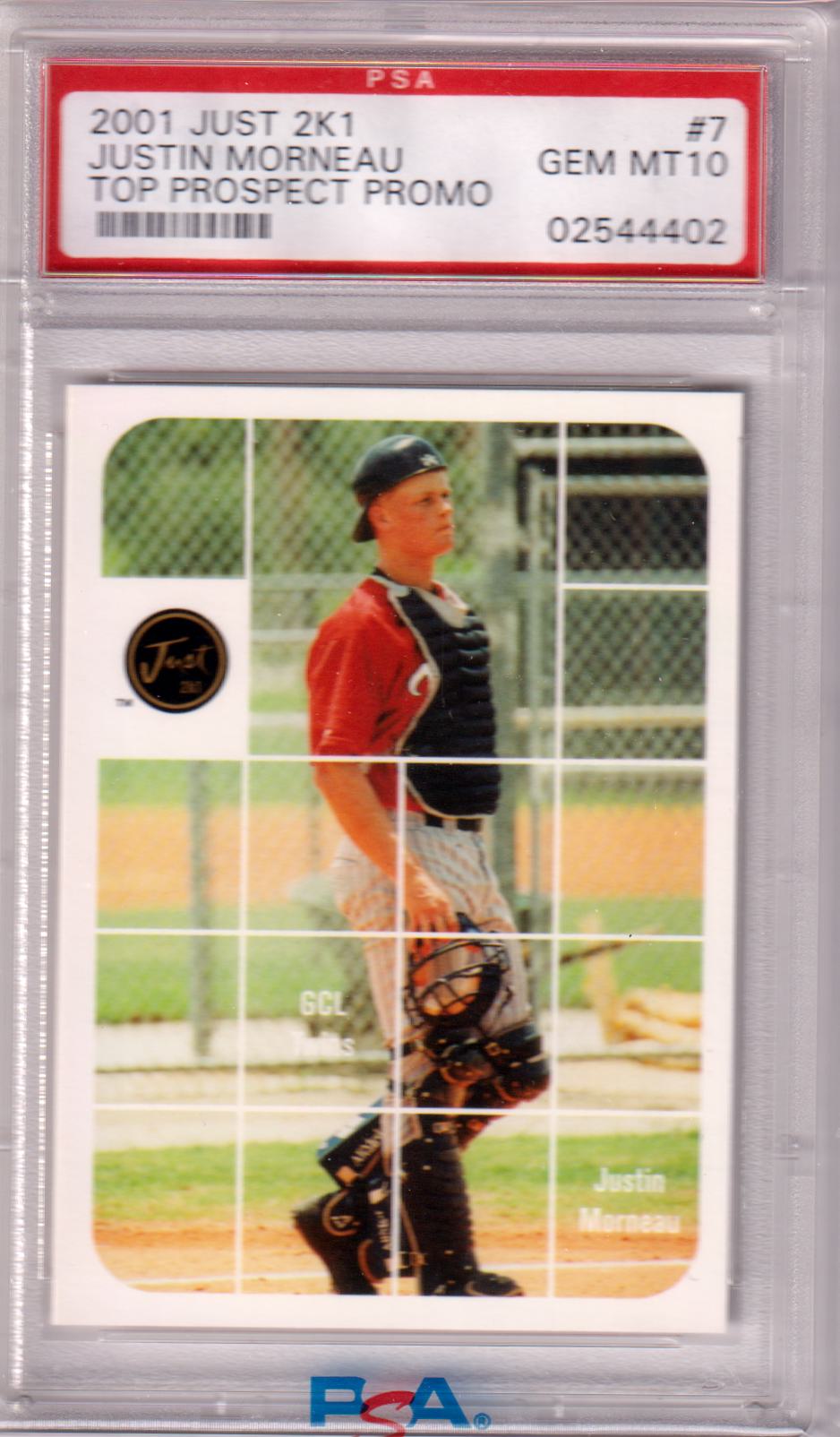 JUSTIN MORNEAU 2001 Just 2K1 RC Rookie Top Prospects Promo TPP07 PSA 10 GEM - Columbia Hobby - Sports Card Boxes - Toploaders - Card Savers