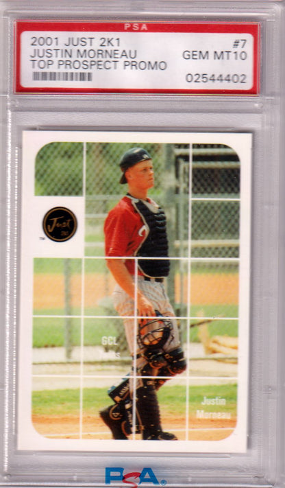 JUSTIN MORNEAU 2001 Just 2K1 RC Rookie Top Prospects Promo TPP07 PSA 10 GEM - Columbia Hobby - Sports Card Boxes - Toploaders - Card Savers