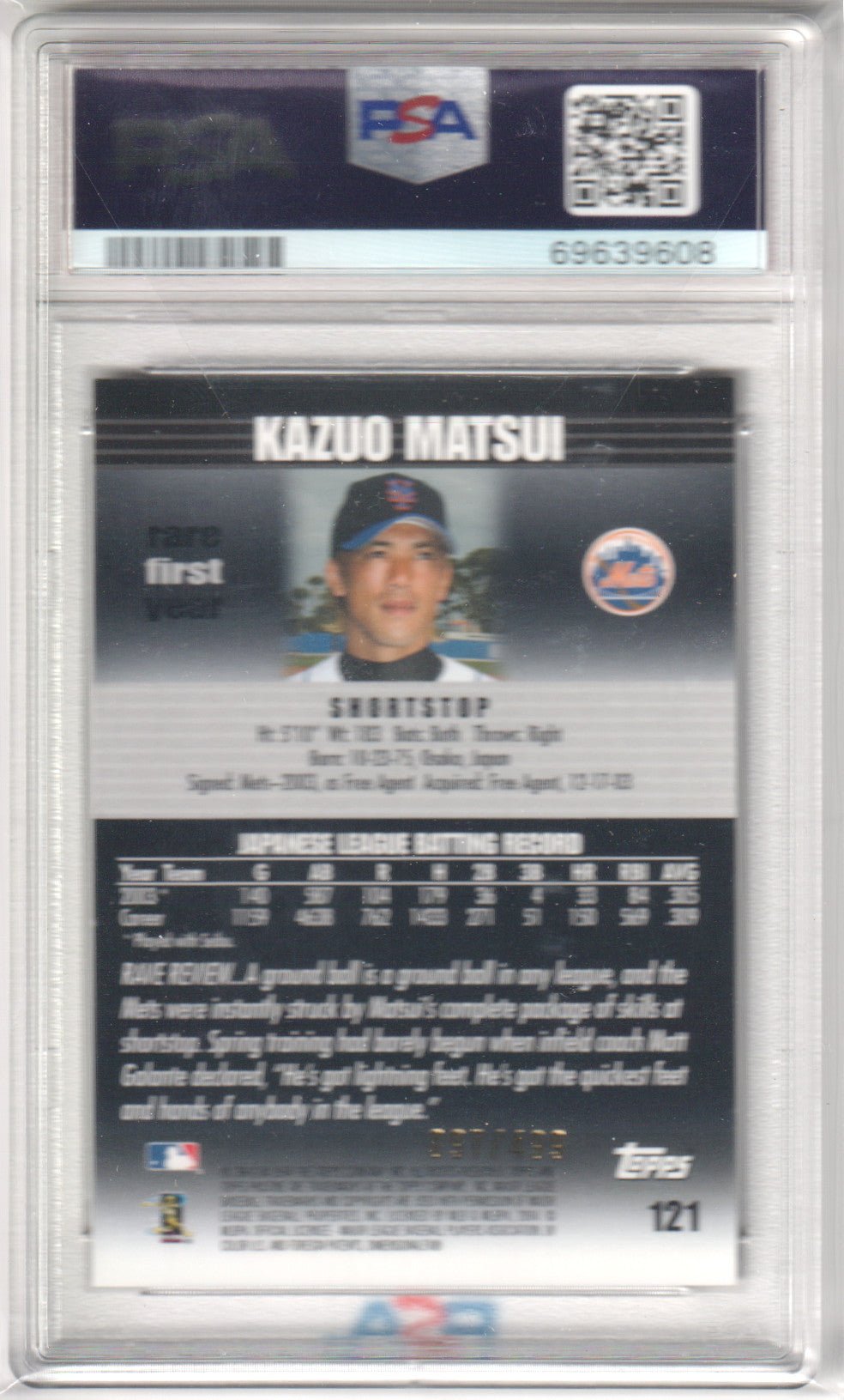 KAQUAO MATSUI 2004 Topps Pristine 121 PSA 10 GEM MINT - METS Pop 1 - Columbia Hobby - Sports Card Boxes - Toploaders - Card Savers
