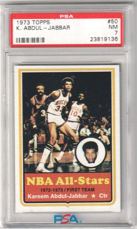 KAREEM ABDUL - JABBAR 1973 - 74 Topps #50 PSA 7 NM - BUCKS LAKERS - Columbia Hobby - Sports Card Boxes - Toploaders - Card Savers