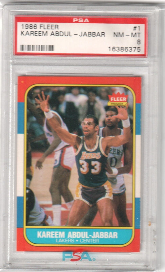 KAREEM ABDUL - JABBAR 1986 Fleer #1 PSA 8 NM - MT - LAKERS - Columbia Hobby - Sports Card Boxes - Toploaders - Card Savers