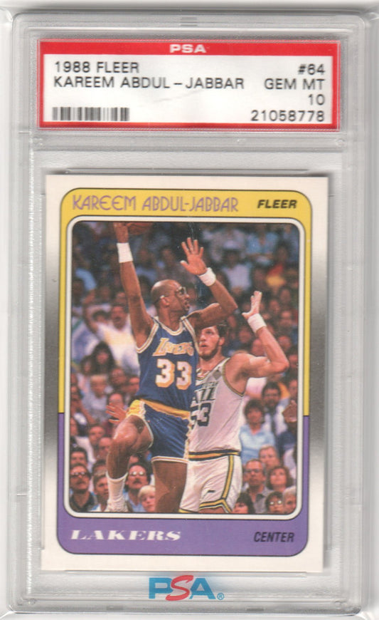 KAREEM ABDUL - JABBAR 1988 Fleer #64 PSA 10 GEM MINT - LAKERS - Columbia Hobby - Sports Card Boxes - Toploaders - Card Savers
