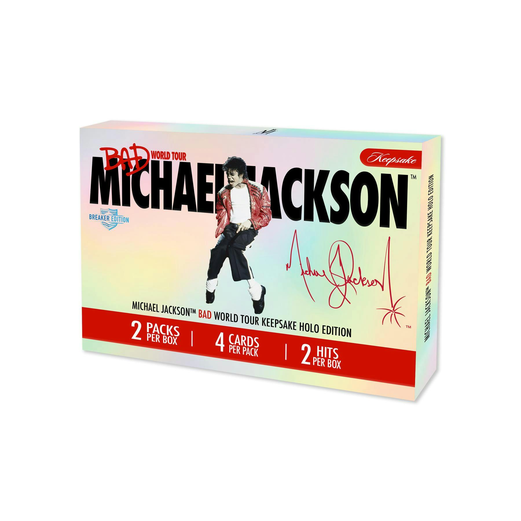 2026 Keepsake Michael Jackson Bad World Tour Holo Breakers Edition Box featuring Holo Mirror Technology, autograph cards, and premium memorabilia.
Back of the 2026 Keepsake Michael Jackson Bad World Tour Holo Breakers Edition Box showing product details and configuration.
2026 Keepsake Michael Jackson Bad World Tour Holo Breakers Edition trading card pack artwork.
2026 Keepsake Michael Jackson Bad World Tour Holo Breakers Edition promotional sell sheet highlighting stage-worn fedora relics, VIP ticket stub 