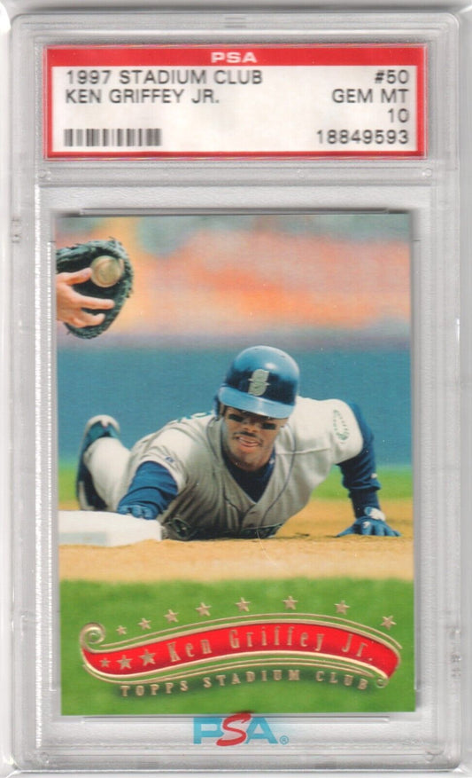 KEN GRIFFEY JR 1997 Topps Stadium Club #50 PSA 10 GEM MINT - MARINERS - Columbia Hobby - Sports Card Boxes - Toploaders - Card Savers