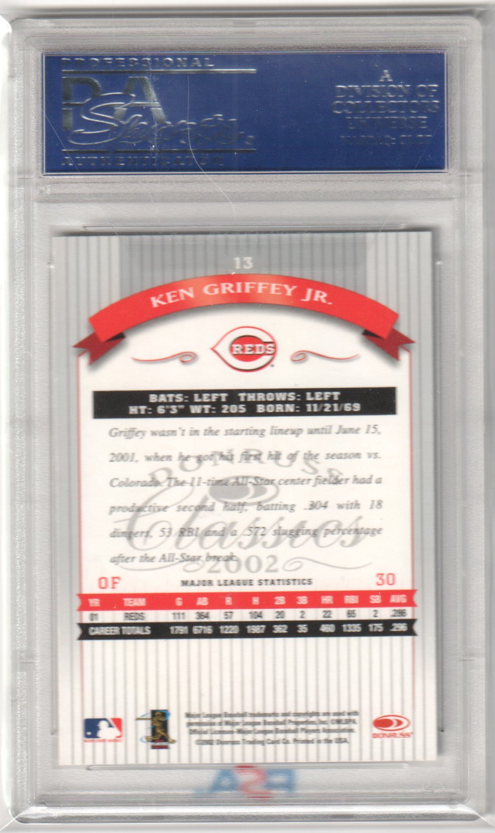 KEN GRIFFEY JR. 2002 Donruss Classics #13 PSA 10 GEM MINT - REDS - Columbia Hobby - Sports Card Boxes - Toploaders - Card Savers