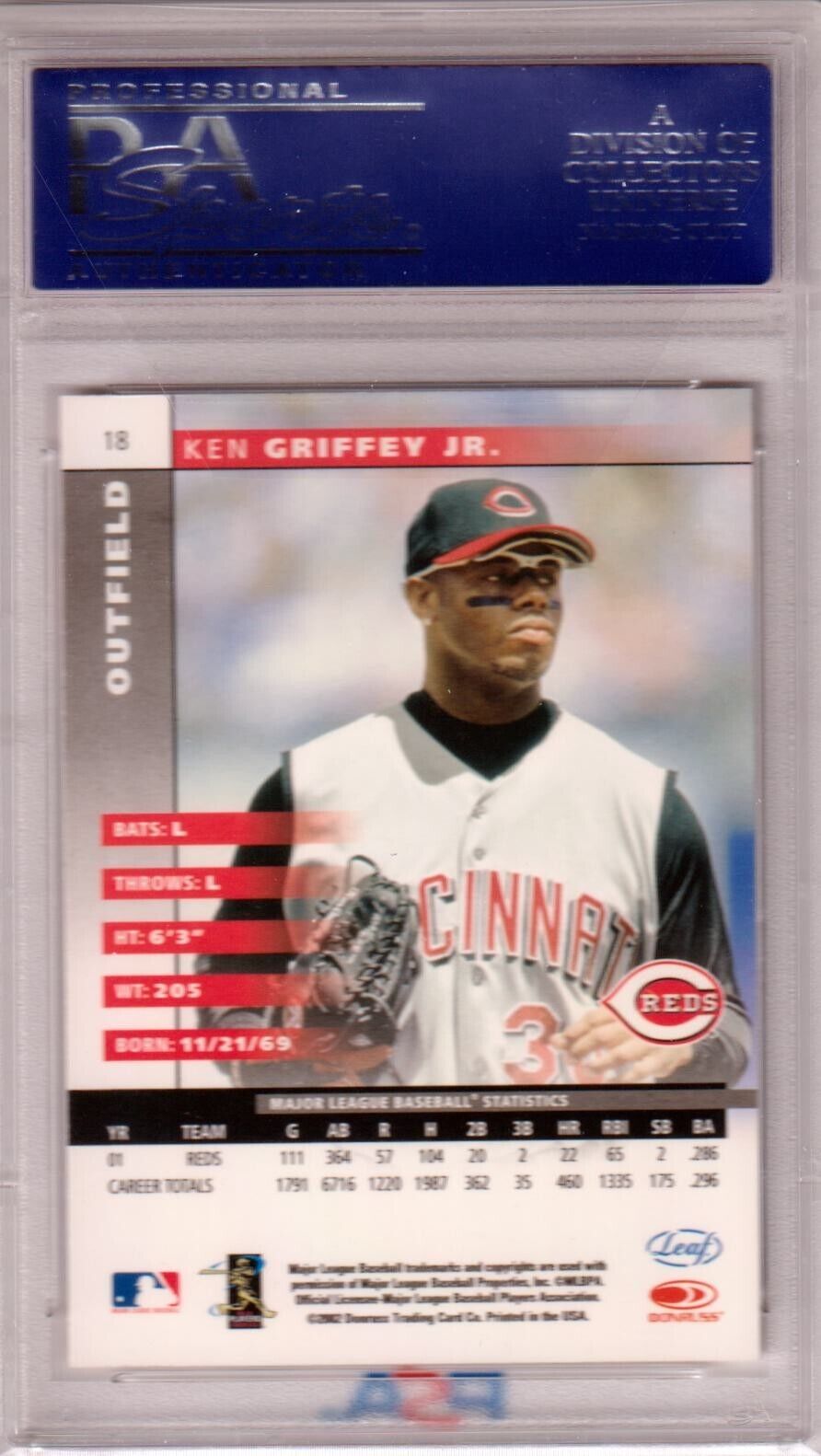 KEN GRIFFEY JR 2002 Leaf #18 PSA 10 GEM MINT - REDS Pop 18 - Columbia Hobby - Sports Card Boxes - Toploaders - Card Savers