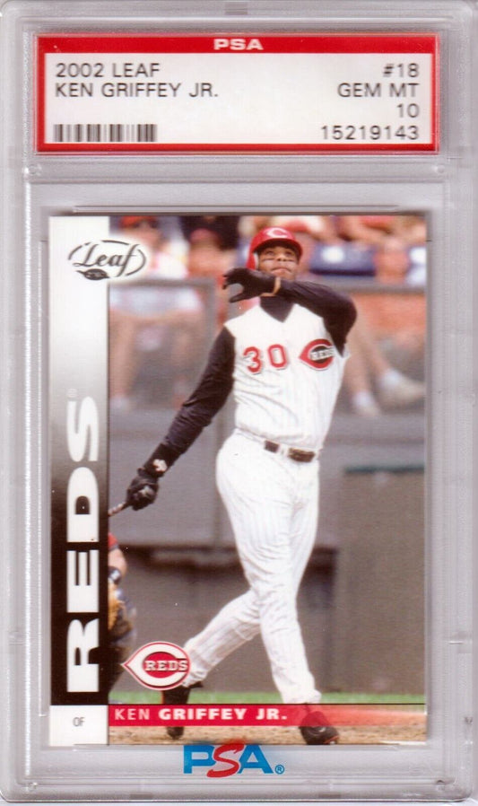 KEN GRIFFEY JR 2002 Leaf #18 PSA 10 GEM MINT - REDS Pop 18 - Columbia Hobby - Sports Card Boxes - Toploaders - Card Savers