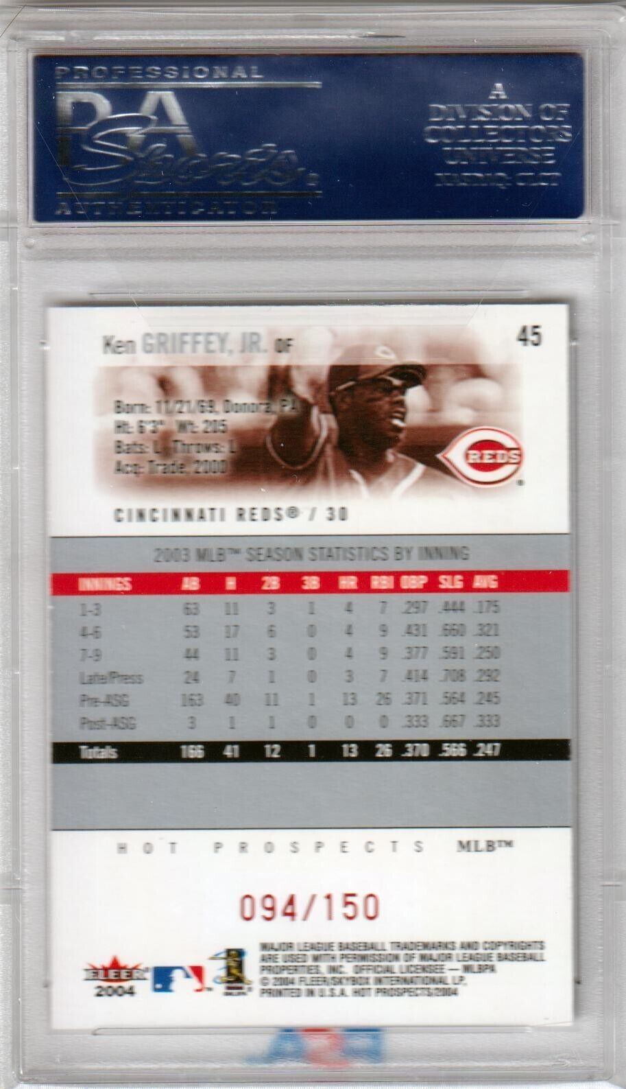 KEN GRIFFEY JR 2004 Fleer Hot Prospects Draft Ed Red #/150 PSA 10 GEM MINT POP 1 - Columbia Hobby - Sports Card Boxes - Toploaders - Card Savers