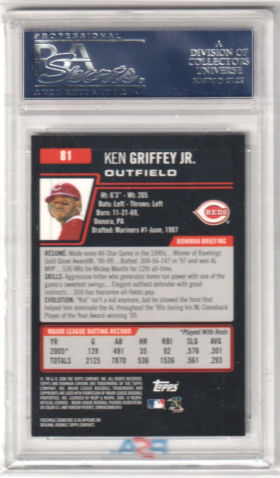 KEN GRIFFEY JR 2006 Bowman Chrome #81 PSA 10 GEM MINT - REDS - Columbia Hobby - Sports Card Boxes - Toploaders - Card Savers