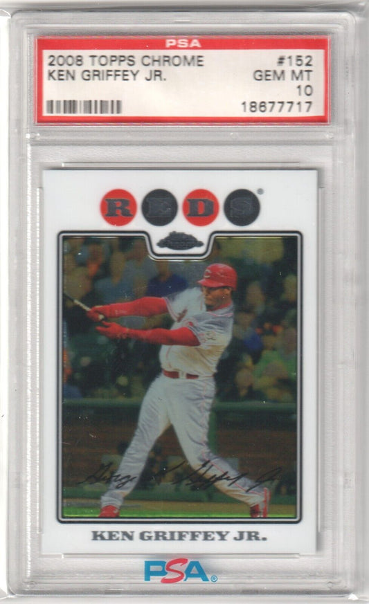 KEN GRIFFEY JR 2008 Topps Chrome #152 Graded PSA 10 GEM MINT - REDS - Columbia Hobby - Sports Card Boxes - Toploaders - Card Savers