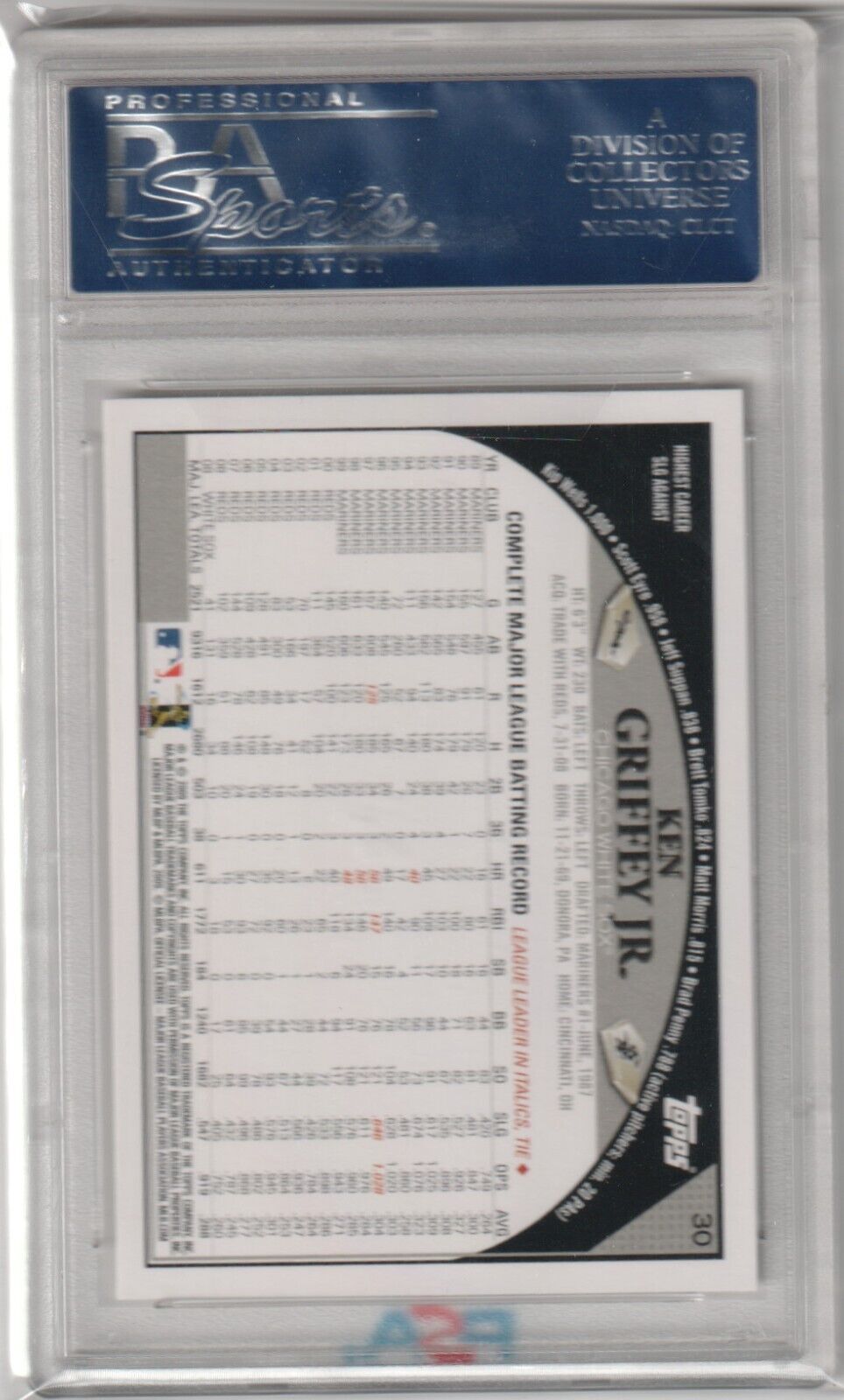 KEN GRIFFEY JR 2009 Topps #30 PSA 10 GEM MINT - WHITE SOX - Columbia Hobby - Sports Card Boxes - Toploaders - Card Savers