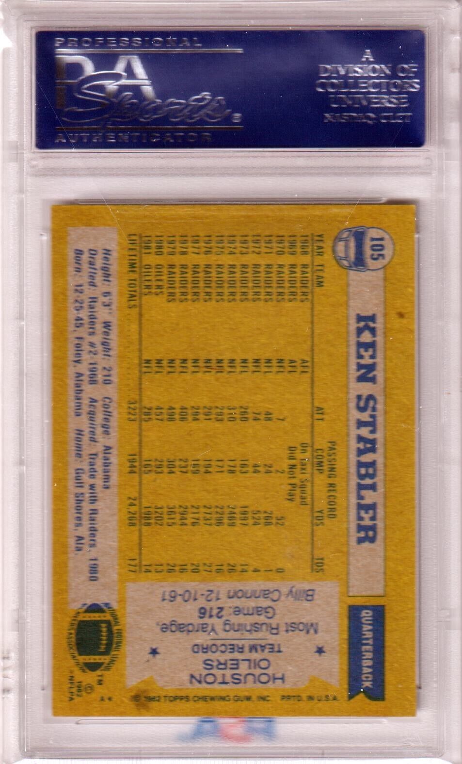 KEN STABLER 1982 Topps #105 PSA 9 MINT - OILERS - Columbia Hobby - Sports Card Boxes - Toploaders - Card Savers