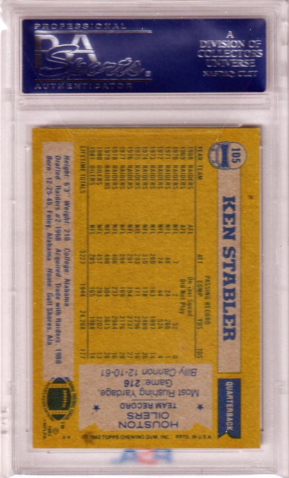 KEN STABLER 1982 Topps #105 PSA 9 MINT - OILERS - Columbia Hobby - Sports Card Boxes - Toploaders - Card Savers