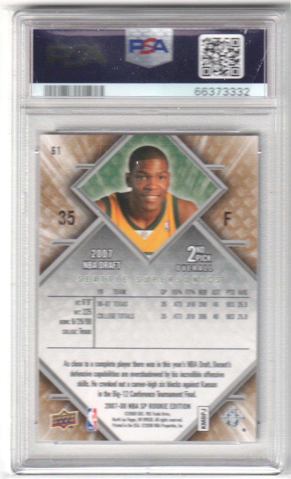 KEVIN DURANT 2007 SP Rookie Edition RC #61 PSA 10 GEM MINT - Columbia Hobby - Sports Card Boxes - Toploaders - Card Savers