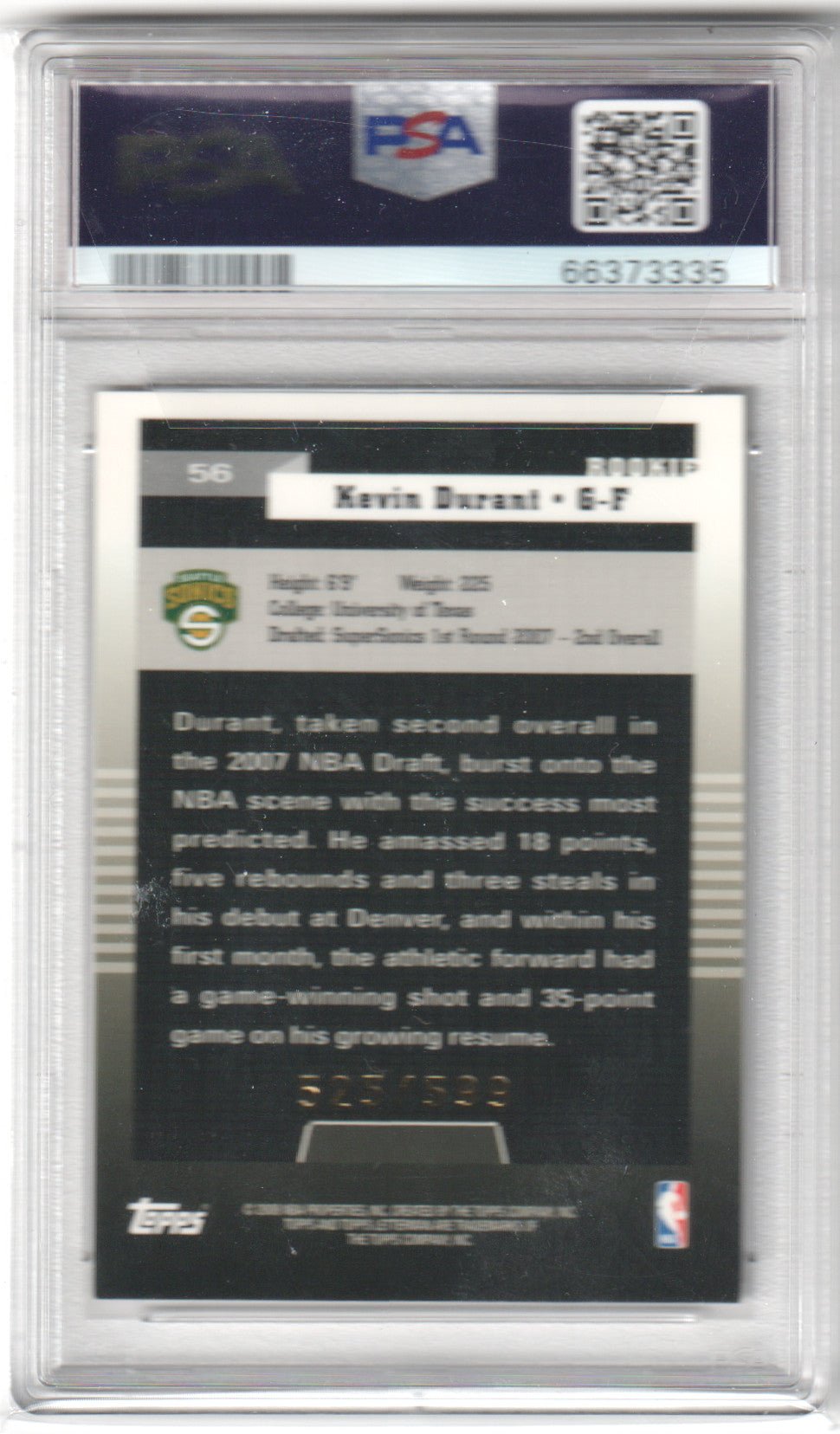 KEVIN DURANT 2007 Topps Letterman #/599 SP #56 PSA 8 NM - MT Supersonics - Columbia Hobby - Sports Card Boxes - Toploaders - Card Savers