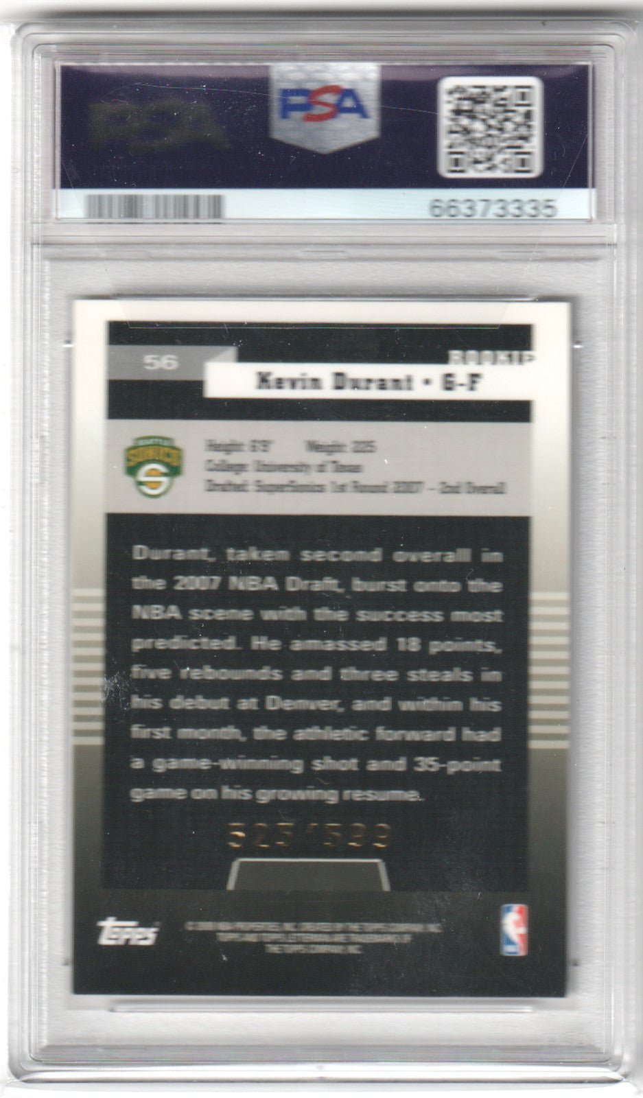 KEVIN DURANT 2007 Topps Letterman #/599 SP #56 PSA 8 NM - MT Supersonics - Columbia Hobby - Sports Card Boxes - Toploaders - Card Savers