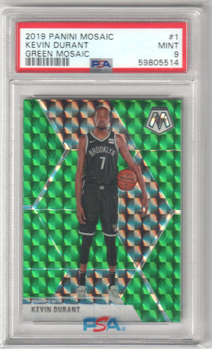 KEVIN DURANT 2019 - 20 Panini Mosaic #1 Green Prizm PSA 9 MINT - NETS - Columbia Hobby - Sports Card Boxes - Toploaders - Card Savers