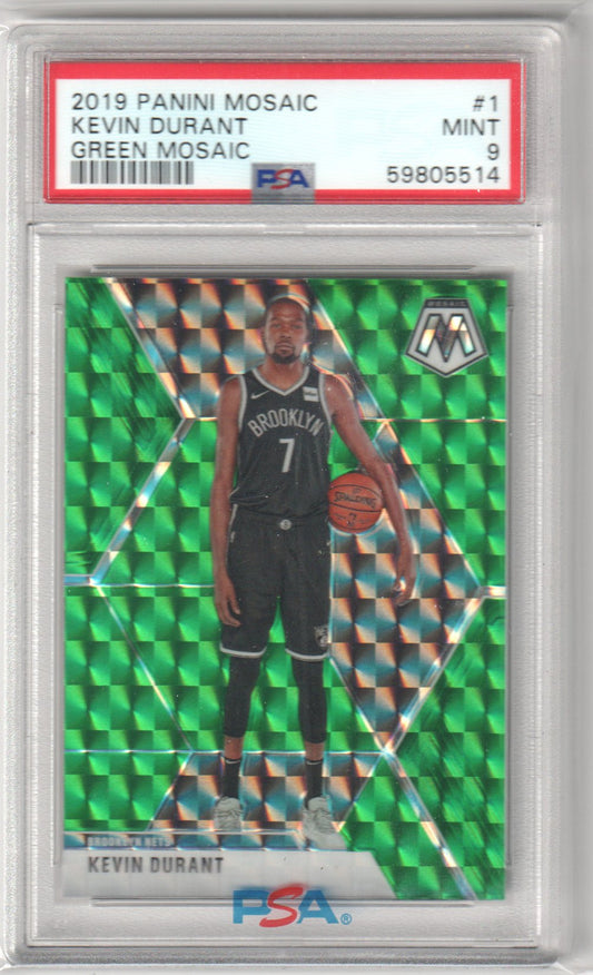 KEVIN DURANT 2019 - 20 Panini Mosaic #1 Green Prizm PSA 9 MINT - NETS - Columbia Hobby - Sports Card Boxes - Toploaders - Card Savers