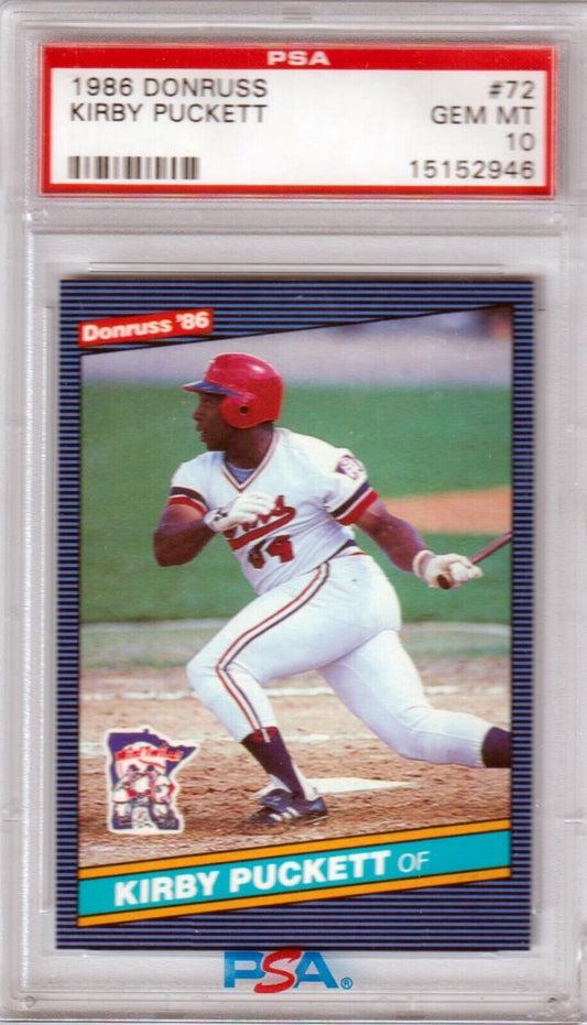 KIRBY PUCKETT 1986 Donruss #72 PSA 10 GEM MINT - TWINS - Columbia Hobby - Sports Card Boxes - Toploaders - Card Savers