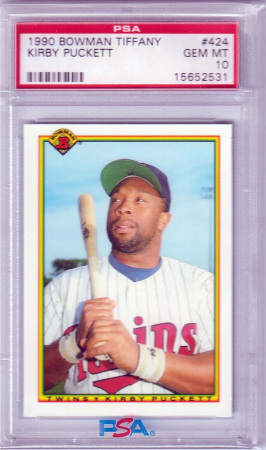 KIRBY PUCKETT 1990 Bowman Tiffany #424 PSA 10 GEM MINT - TWINS - Columbia Hobby - Sports Card Boxes - Toploaders - Card Savers