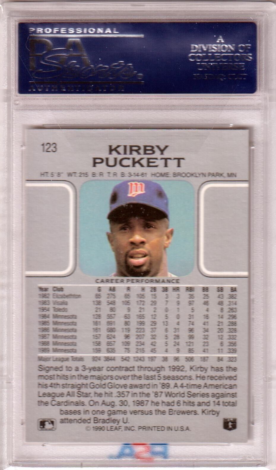 KIRBY PUCKETT 1990 Leaf #123 PSA 10 GEM MINT - TWINS - Columbia Hobby - Sports Card Boxes - Toploaders - Card Savers