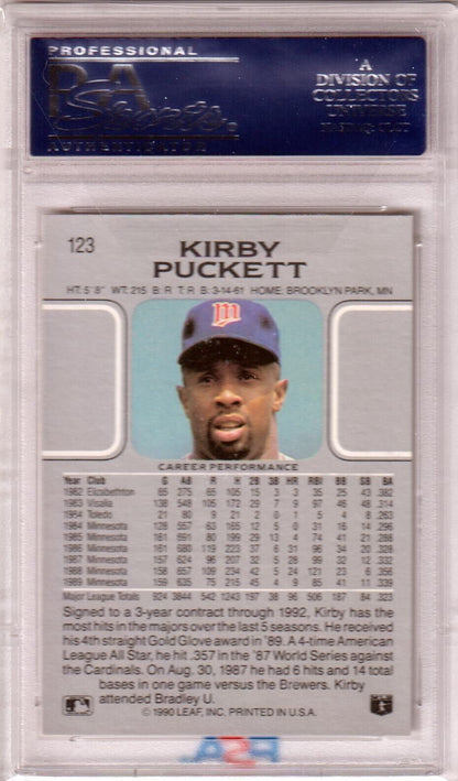 KIRBY PUCKETT 1990 Leaf #123 PSA 10 GEM MINT - TWINS - Columbia Hobby - Sports Card Boxes - Toploaders - Card Savers