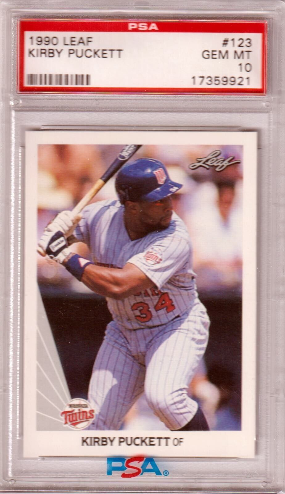 KIRBY PUCKETT 1990 Leaf #123 PSA 10 GEM MINT - TWINS - Columbia Hobby - Sports Card Boxes - Toploaders - Card Savers