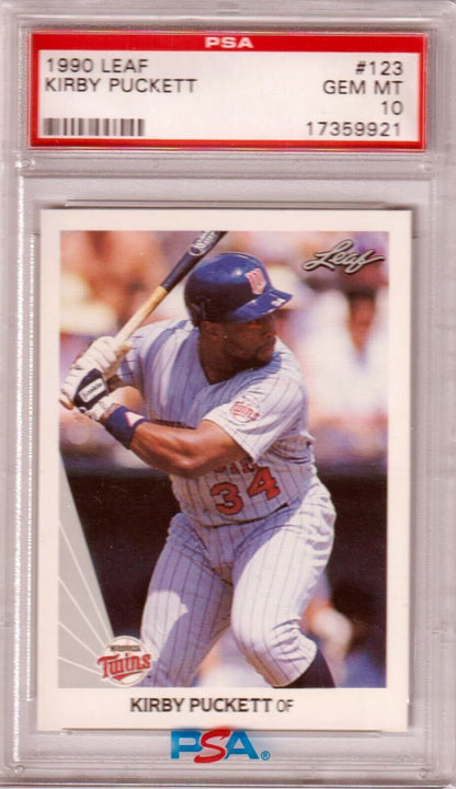 KIRBY PUCKETT 1990 Leaf #123 PSA 10 GEM MINT - TWINS - Columbia Hobby - Sports Card Boxes - Toploaders - Card Savers