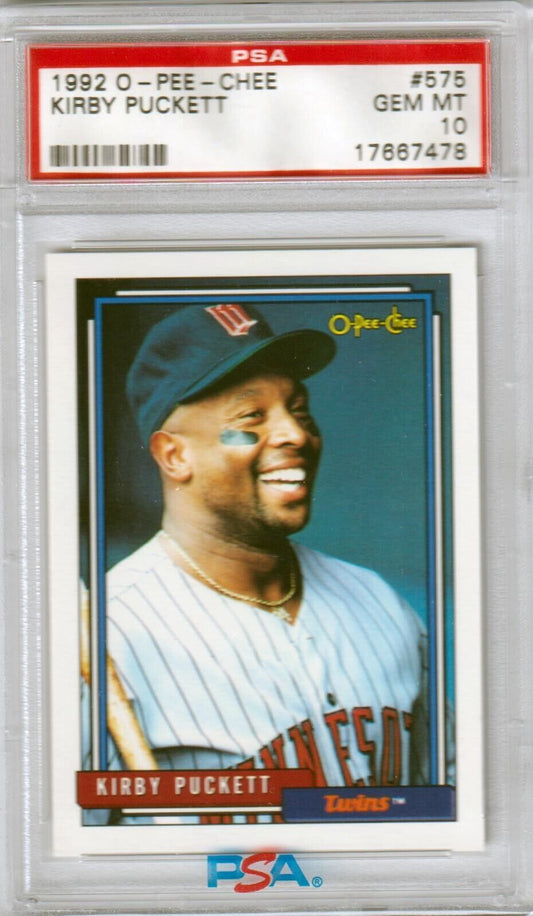 KIRBY PUCKETT 1992 O - Pee - Chee #575 PSA 10 GEM MINT - TWINS - Columbia Hobby - Sports Card Boxes - Toploaders - Card Savers