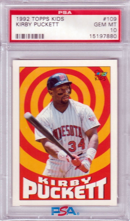KIRBY PUCKETT 1992 Topps Kids #109 PSA 10 GEM MINT - TWINS - Columbia Hobby - Sports Card Boxes - Toploaders - Card Savers