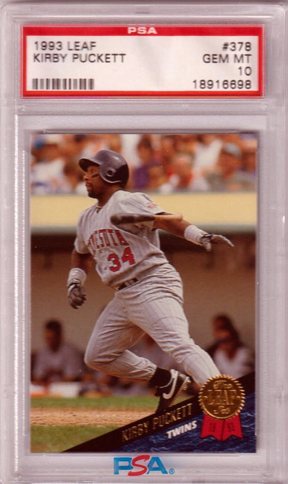 KIRBY PUCKETT 1993 Leaf #378 PSA 10 GEM MINT - TWINS - Columbia Hobby - Sports Card Boxes - Toploaders - Card Savers