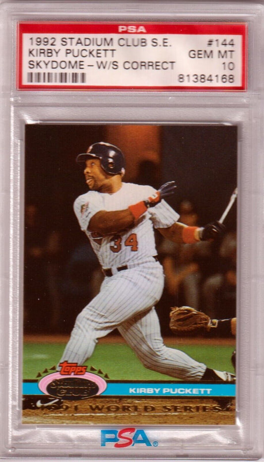 KIRBY PUCKETT 1993 Stadium Club S.E. Correct W.S #144 PSA 10 GEM MINT - TWINS - Columbia Hobby - Sports Card Boxes - Toploaders - Card Savers