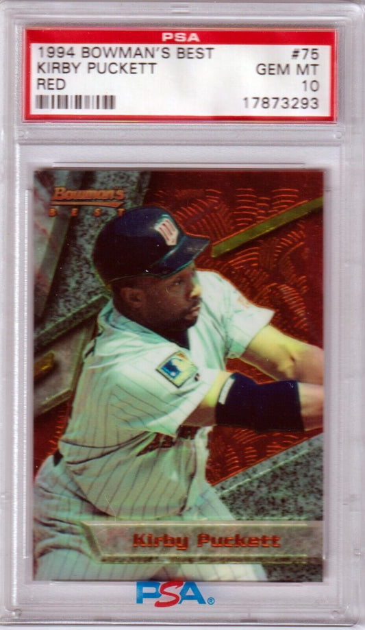 KIRBY PUCKETT 1994 Bowman's Best Red Refractor #75 PSA 10 GEM MINT - TWINS - Columbia Hobby - Sports Card Boxes - Toploaders - Card Savers